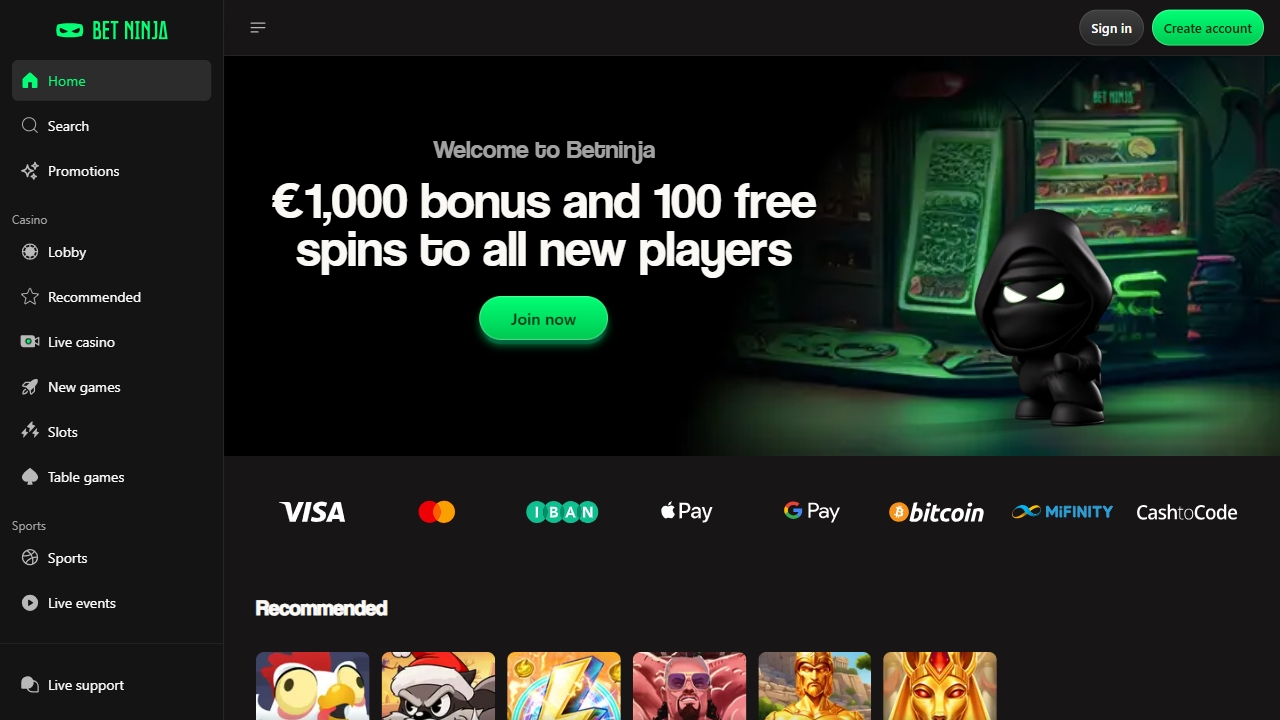 Belgische goksite Betninja homepage met welkomstbonus